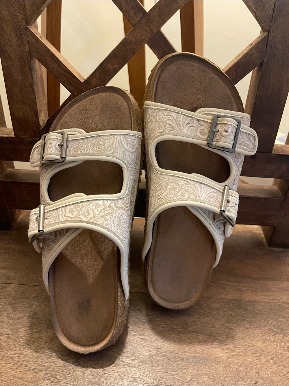 Women’s Cream Double-Strap Embossed Slide Sandals